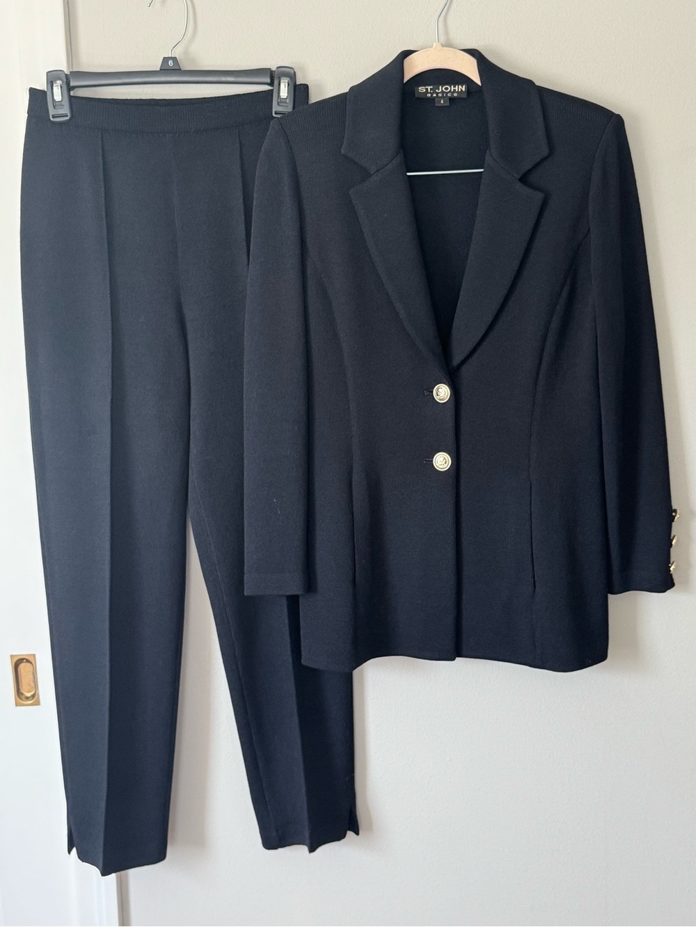 St. John Basics Black Santanta Knit Pant Suit Size 4 Gold Buttons